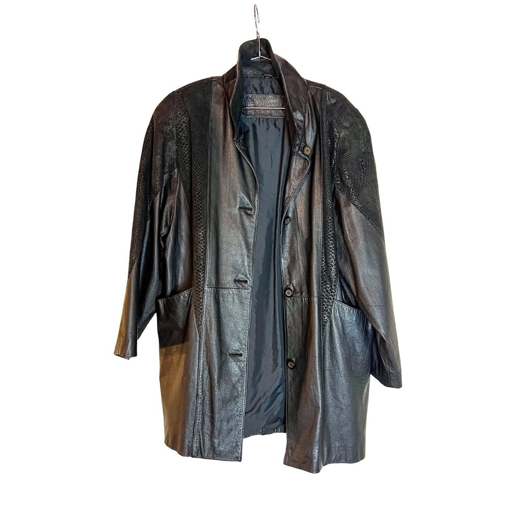 Vintage XL Leather Coat Mid Length Snake Skin Effect Women's Black Oversized Vtg